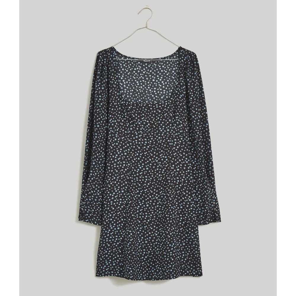 Madewell Seamed‎ Long-Sleeve Mini Dress Size 00 Ditsy Floral Square Neck Black